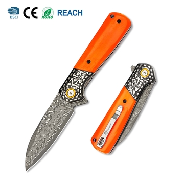 Tunafire Knives Flipper Folding Knife 3.31" Damascus Blade  Orange Bone Handle Camping Hiking Pocket Knife GT-DM050