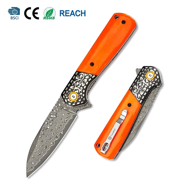 GT-DM050 Folding Knife, 3.31in Effective Cutting Edge Orange Bone Handle, 160g Lightweight Daily Carry Damascus Knife for Camping Hunting Gift