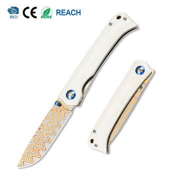 Tunafire Knife 3.19" Copper Damascus Folding Knife VG10 Core Bull Bone Handle Ball Bearing EDC Pocket Knife GT-DM035