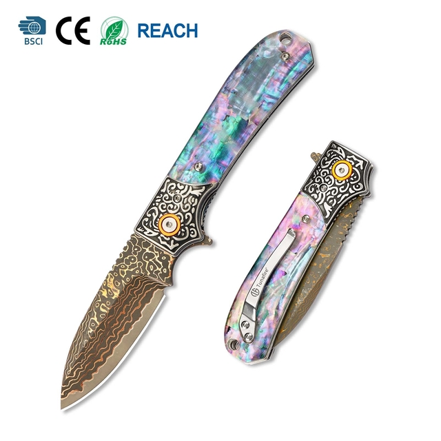 58-59HRC VG10 Bronze Damascus Pocket Knife Mother of Pearl Handle Ball Bearing GT-DM044