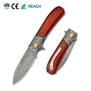 Tunafire GT-DM044-1 Folding Knife 3.3"Damascus steel Blade ,Yellow Rosewood Handle Ball Bearing Pocket Knife