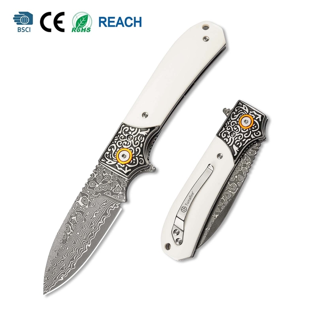 Tunafire FR-DM044-1 Knife Damascus Blade Cow bone Handle with Pocket Clip Outdoor EDC Knives