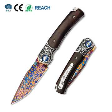 Tunafire GT-DM054 Folding Knife Rosewood Handle & 3.43"Engraved blue process Damascus Blade Flipper Knife