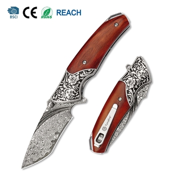 Tunafire GT-DM003 Folding Knife, 76-Layer Damascus Blade, Walnut Wood Handle, Ball Bearing EDC Pocket Knife