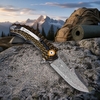 GT-DM021 compact Damascus folding knife with stylish two-tone G10 handle, smooth ball bearing pivot & 59-60HRC sharp blade. 110g lightweight mini EDC knife for daily carry, camping & collection, retail black gift box included.