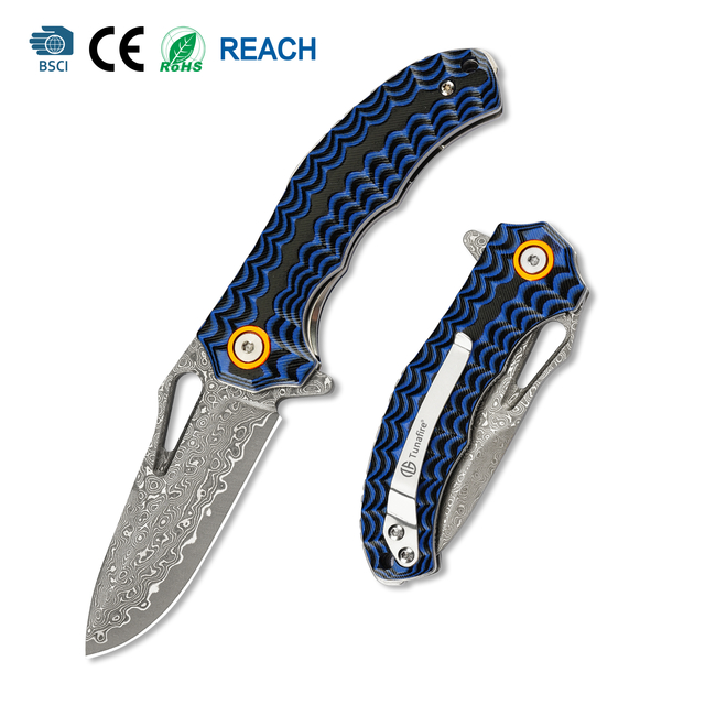 GT-DM021 compact Damascus folding knife with stylish two-tone G10 handle, smooth ball bearing pivot & 59-60HRC sharp blade. 110g lightweight mini EDC knife for daily carry, camping & collection, retail black gift box included.