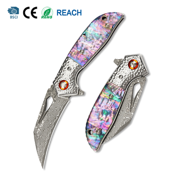 Tunafire Folding Knife 3" Damascus steel Blade Colored Beads Handle Knife Outdoor EDC Tool