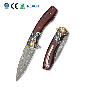 Tunafire GT-DM023 EDC Folding Pocket Knife, Chinese Damascus Steel, Safflower Wood Handle with Smooth Ball Bearing Opening