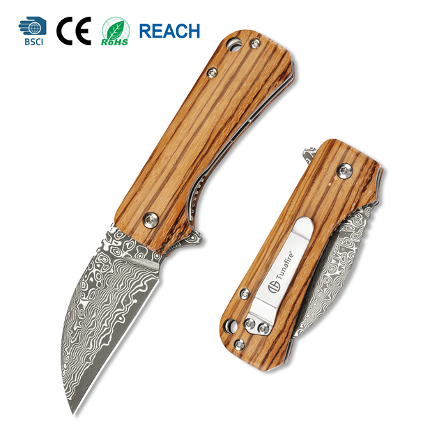 GT-DM022 Compact Damascus Folding Knife 14cm Overall 6.1cm Blade Natural Hardwood Handle Ball Bearing Outdoor Camping Survival Utility Knife