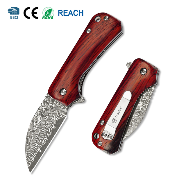 66g Super Light Mini EDC Pocket Knife GT-DM022 Damascus Steel Folding Knife Natural Wood Handle Ball Bearing Portable Everyday Carry Knife Tunafire