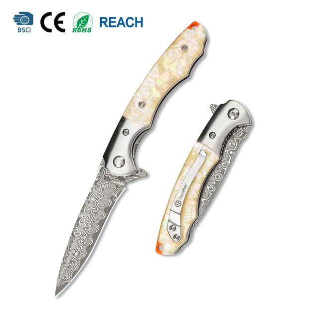 76 Layers Damascus Steel Pocket Knife GT-DM014, Ball Bearing Opening Decorative Folding Knife Tunafire