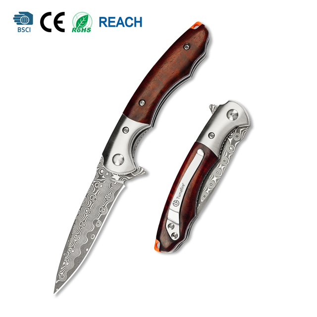Tunafire GT-DM014 Damascus Folding Pocket Knife, 59-60HRC Sharp Blade, Steel Head Rosewood Handle EDC Tool