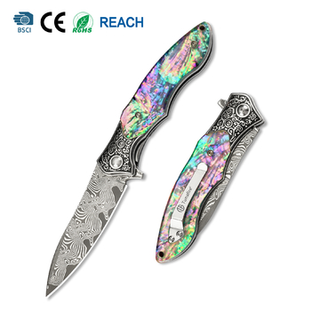 GT-DM017 76-Layer Damascus Folding Knife, Engraved Bolster &amp; Colored BeadsHandle Ball Bearing EDC Pocket Knife