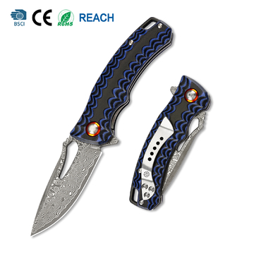 Tunafire Knife Damascus steel Blade Flipper Knife G10  Handle Hiking Camping Pocket Knife Fishing Cutter Tools GT-DM027
