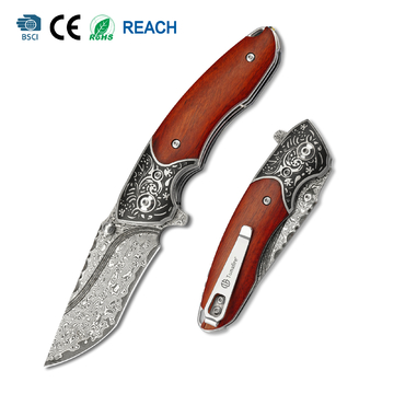 Tunafire  GT-DM002  76 Layer Damascus Steel Folding Knife, Desert Ironwood Handle Ball Bearing EDC Pocket Knife for Collection & Gift
