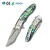 GT-DM002 Unique Damascus Steel Folding Knife, Engraved Steel Head, Iridescent Colored Shell Handle for Display & Carry Tunafire Knife