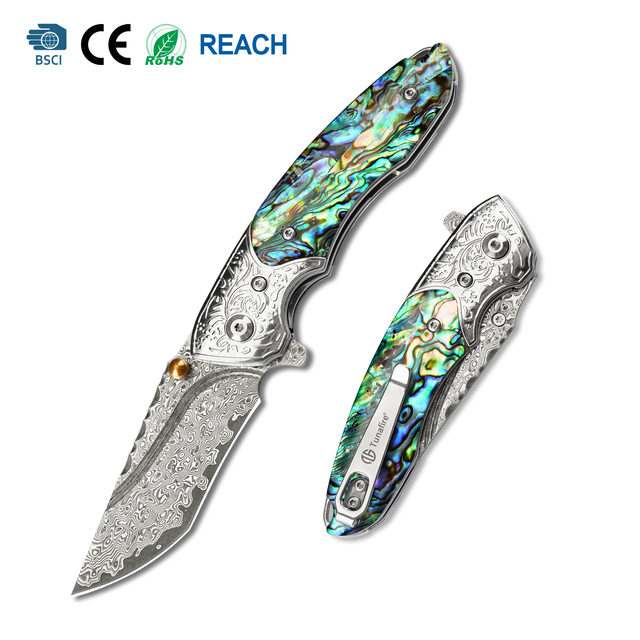 GT-DM002 Unique Damascus Steel Folding Knife, Engraved Steel Head, Iridescent Colored Shell Handle for Display & Carry Tunafire Knife