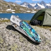 GT-DM002 Unique Damascus Steel Folding Knife, Engraved Steel Head, Iridescent Colored Shell Handle for Display & Carry Tunafire Knife