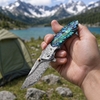 GT-DM002 Unique Damascus Steel Folding Knife, Engraved Steel Head, Iridescent Colored Shell Handle for Display & Carry Tunafire Knife