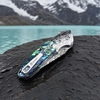 GT-DM002 Unique Damascus Steel Folding Knife, Engraved Steel Head, Iridescent Colored Shell Handle for Display & Carry Tunafire Knife