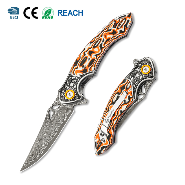 Portable EDC Hardware Tool GT-DM024 Damascus Steel Pocket Knife Fiber Board Handle Smooth Ball Bearing Flipper Knife