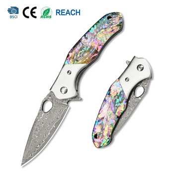 Tunafire Survival EDC Flipper Knife GT-BS305, Damascus Blade with Colored Shell Handle for Outdoor Adventure