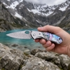 Tunafire Survival EDC Flipper Knife GT-BS305, Damascus Blade with Colored Shell Handle for Outdoor Adventure