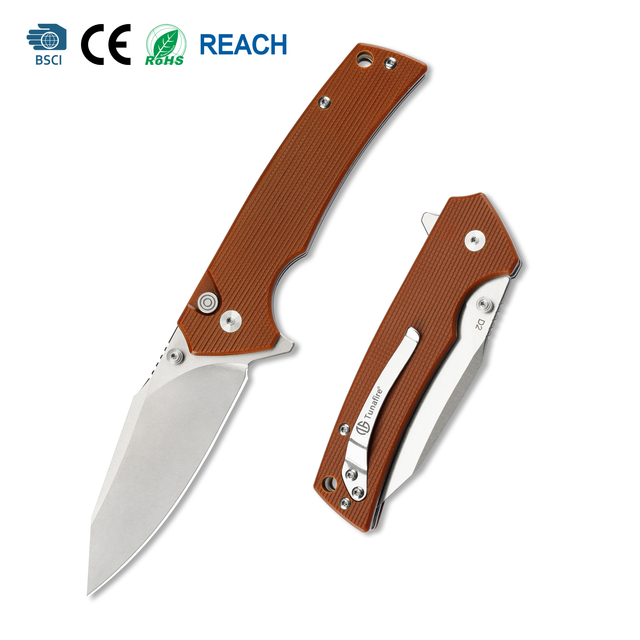 Tunafire Knife Outdoor Survival EDC Flipper Knife Button lock g10 Handle Steel Knife GT-DM018