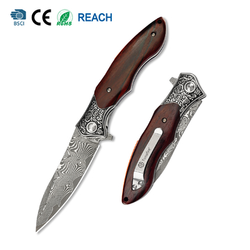 Everyday Carry Damascus Pocket Knife GT-DM017, Ball Bearing Mechanism &amp; Solid Rosewood Handle Folding Knife Tuanfire