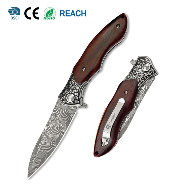 Everyday Carry Damascus Pocket Knife GT-DM017, Ball Bearing Mechanism & Solid Rosewood Handle Folding Knife Tuanfire