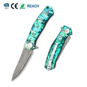 Tunafire GT-K4020 Ball Bearing Open Damascus Pocket Knife, VG10 Steel Core Colored Shell Handle Flipper Knife
